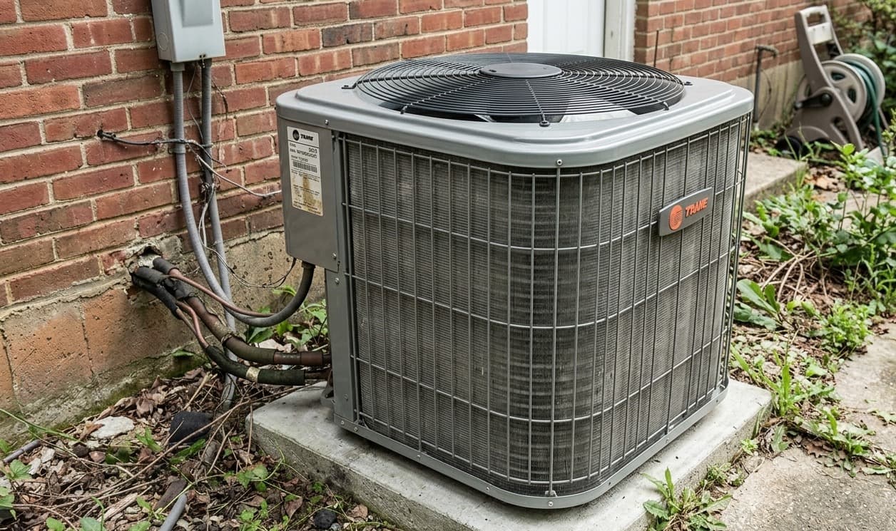Same outdoor AC condenser unit after a full maintenance cycle, clean and back to spec