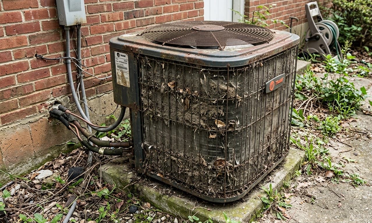 Outdoor AC condenser unit clogged with years of leaf and dirt buildup, before service